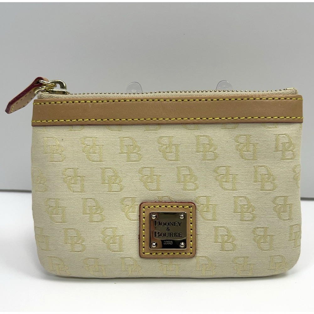 DOONEY & BOURKE Monogram Wristlet Zip Canvas Coin Card Purse Ivory Red Liner